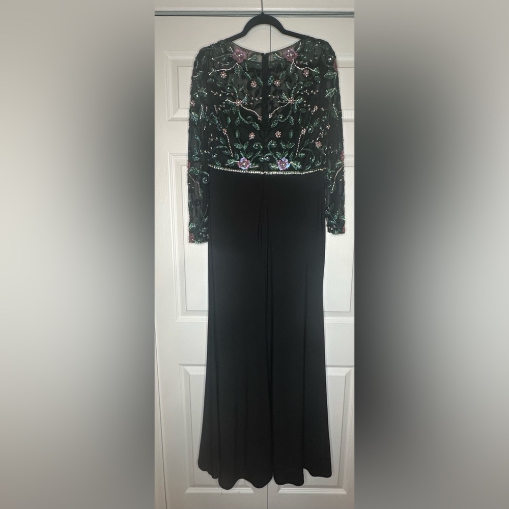 Mac Duggal Black Dress with Green Floral Sleeves - Picture 6 of 9